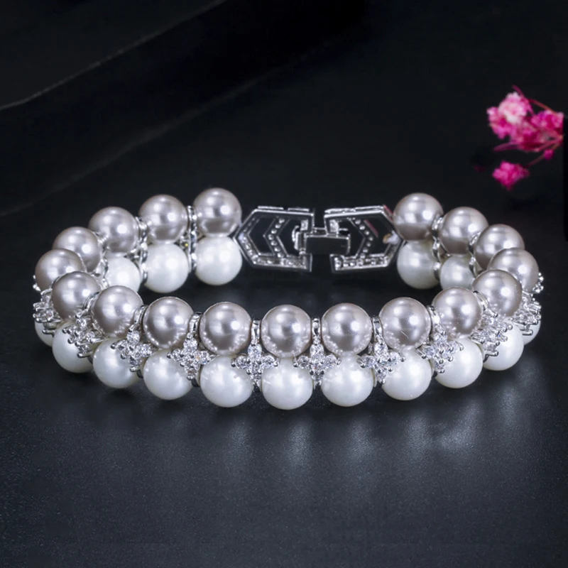 

ThreeGraces New Fashion Cubic Zirconia Wide Double Row Simulated Pearl Bracelet for Women Bridal Wedding Banquet Jewelry BR384