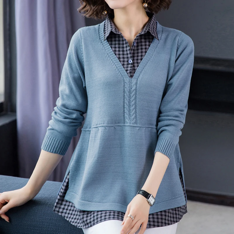 Suéter de retazos a cuadros para mujer, Tops de punto falsos sueltos informales de dos piezas, jersey de solapa de primavera y otoño, suéteres de