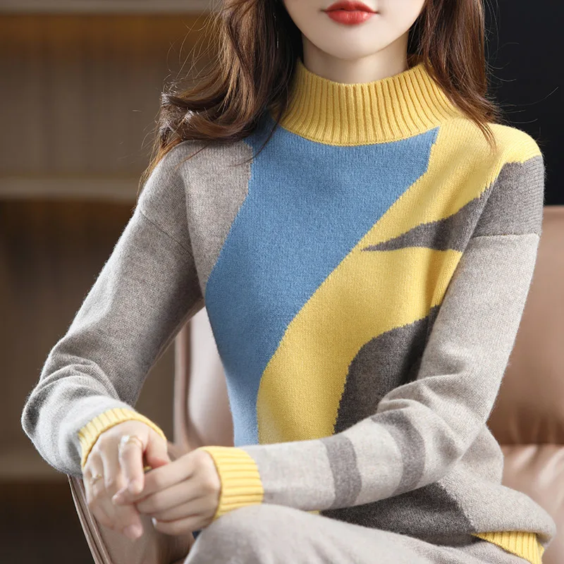 

100% pure Wool Sweater 2021 new women's thick half-high collar color matching knit loose lazy ladies pullover Cashmere sweater