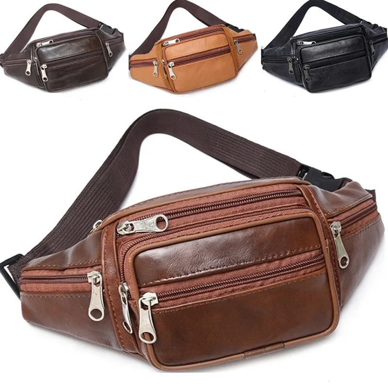 Men\'s Waist Pack PU Genuine Leather Bag Waist Crossbody Chest Belt Bag Male Fanny Luxury Small Shoulder Money Pocket Outdoor Bag