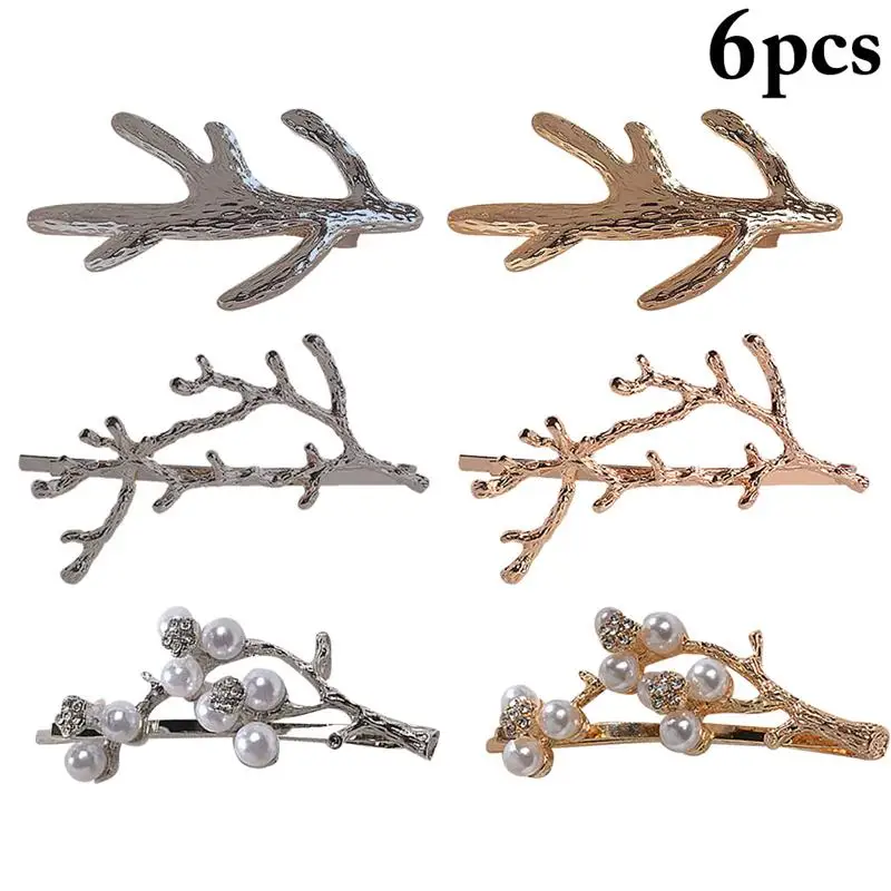 

coxeer 6Pcs/Set Alloy Hair Clips Antler Fake Pearl Decor Fashion Metal Hairpin Barrette Pin For Women Girls Hair Accessories