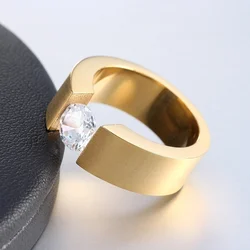 2024 Fashion Jewelry Gold Color Stainless Steel Rings For Men/Women Accessories Luxury 6mm Round Zircon Rings Wedding Band Gift