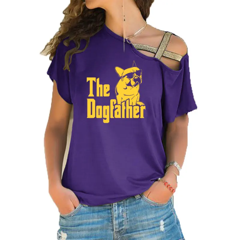 New Summer The Dogfather Dog Dad French Bulldog T Shirt Women Short Sleeve Girls T-shirt Irregular Skew Cross Bandage Tee Tops