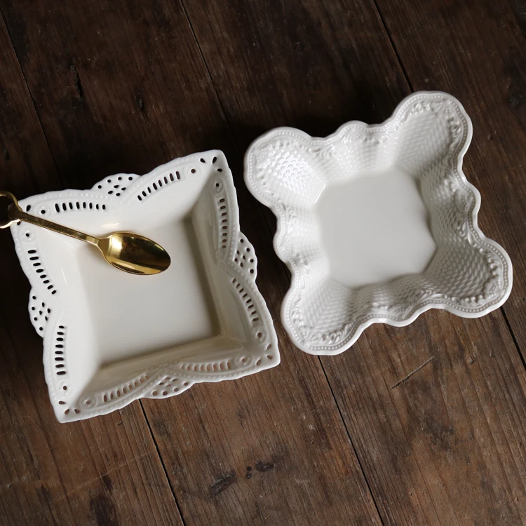 Cream-colored Ceramic Vintage Hollow-relief Quadrate Plate/Storage Plate Jewelry Plate