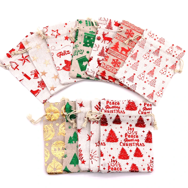 

50Pcs/Lot Linen Christmas Cotton Bags 10x14 13x18cm Muslin Candy Bracelet Jewelry Packaging Bags Drawstring Gift Bag & Pouches