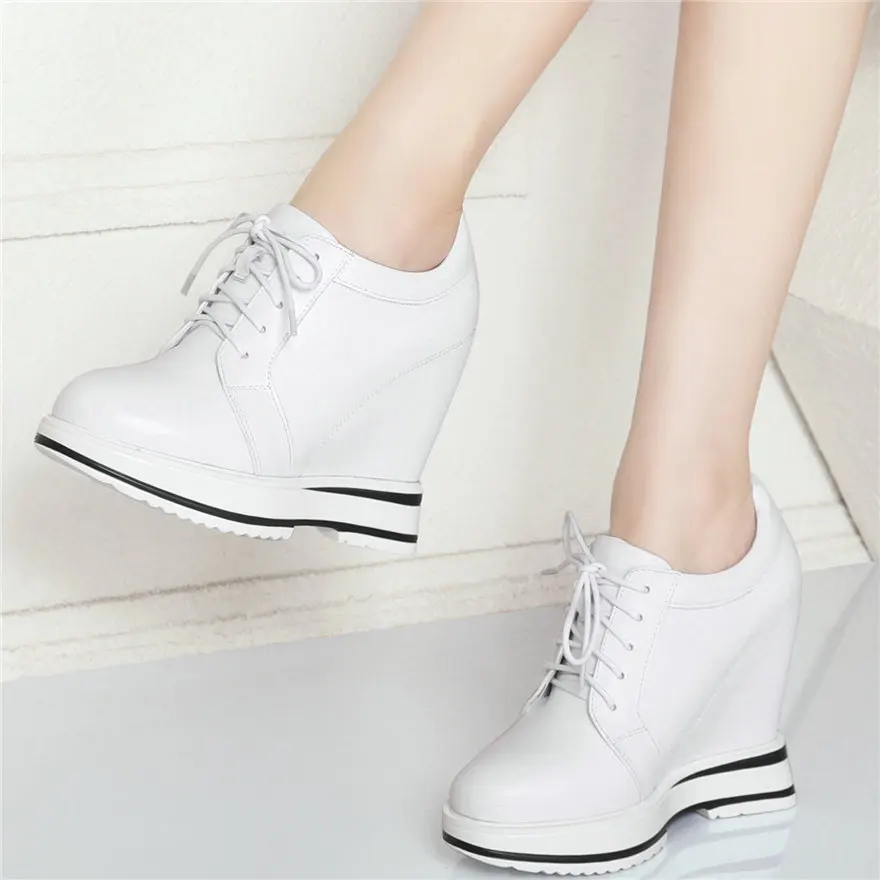 Fashion Sneakers Women Lace Up Cow Leather Wedge High Heel Vulcanized Shoes Female Round Toe Platform Oxfords Shoes Casual Shoes