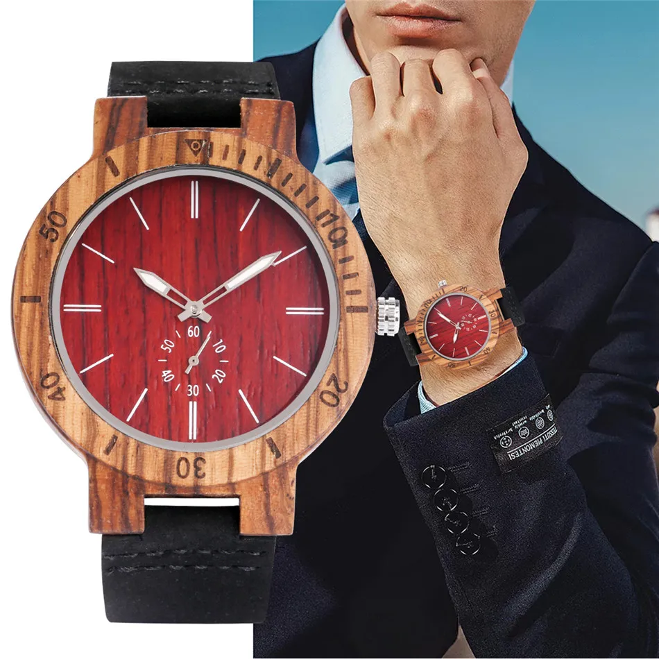 Luminous Pointer Zebrawood Watch for Men Quartz Wristwatch Genuine Leather Mens Watches Seconds Small Dial reloj masculino