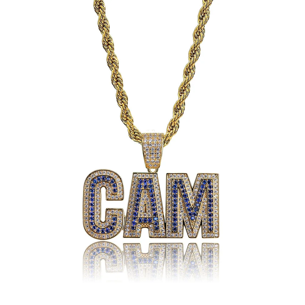 Iced Out Chain 18K Gold Plated Bling CZ Simulated Diamond CAM Letter Personality Pendant Men's Hip Hop Necklace Jewelry