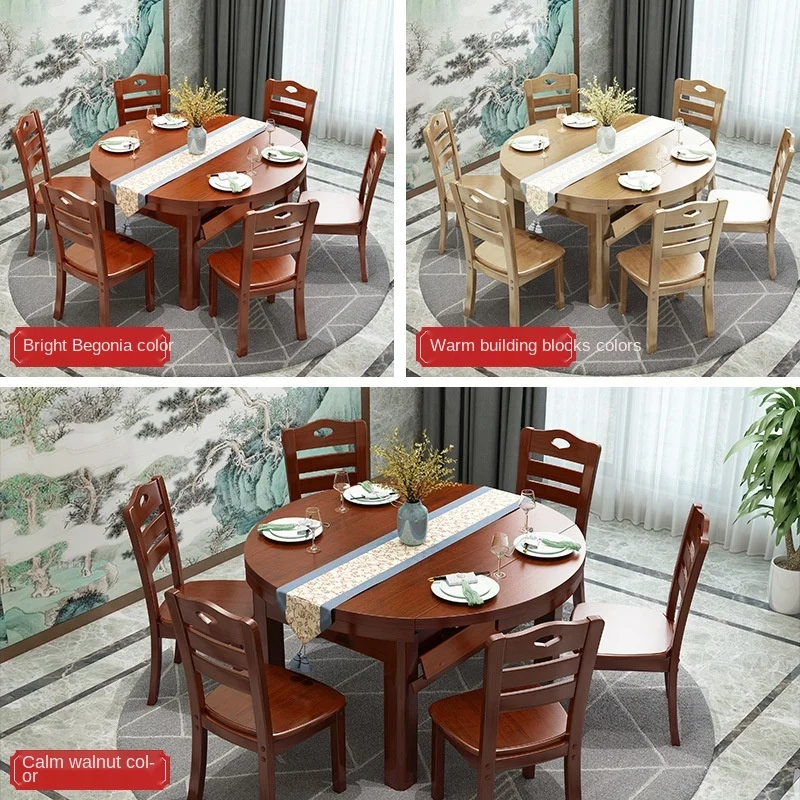 Solid wood dining table chair combination retractable dining table 8 round table folding dining table