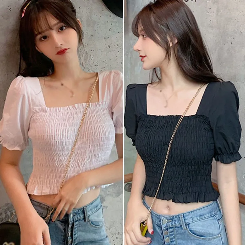 Women Summer Solid Blouse Square Collar Sweet Puff Sleeves Exposed Navel Cropped Shirt Female Tops