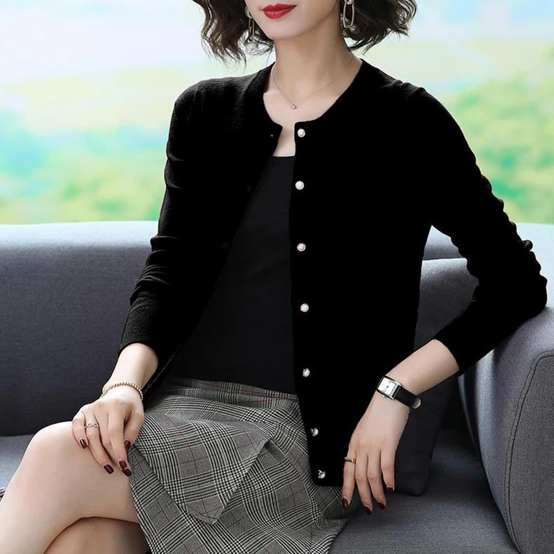 Fashion Korean Knitting Cardigans Women Solid elegant long sleeve O-neck slim sweater Single Breasted Casual allmatch jacket