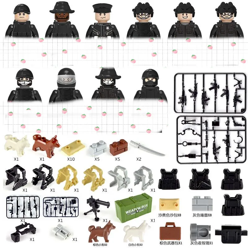 Mini Action Figure Bricks Blocks Trucks Soliders Military Plastic Mini Guns Dogs Fense Boxes Vest Straps Boy Gifts Bag Toys