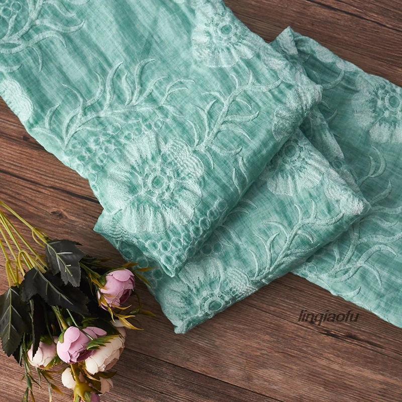 Summer thin green embroidered dress robe clothing cotton and linen fabric High-end linen fabric