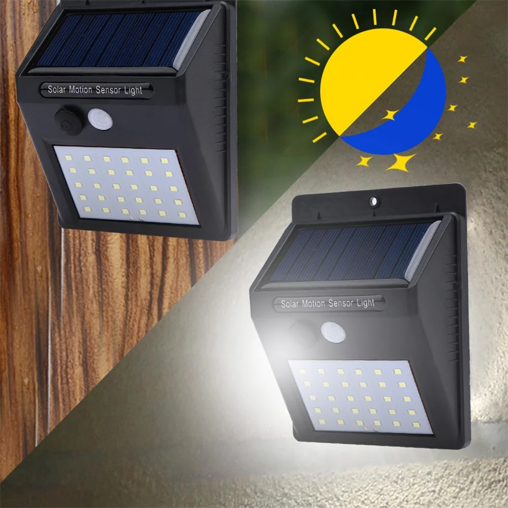 Luz solar ao ar livre com sensor de movimento PIR, lâmpada de parede impermeável, luz solar para decoração do jardim, IP65, 30 LED