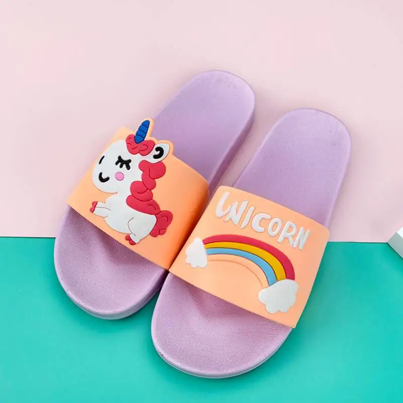 2024 New Cute Kids Slippers Rainbow Unicorn Dinosaur Bear Duck Children Baby Home Slippers Non-slip Boys Girls Home Shoes