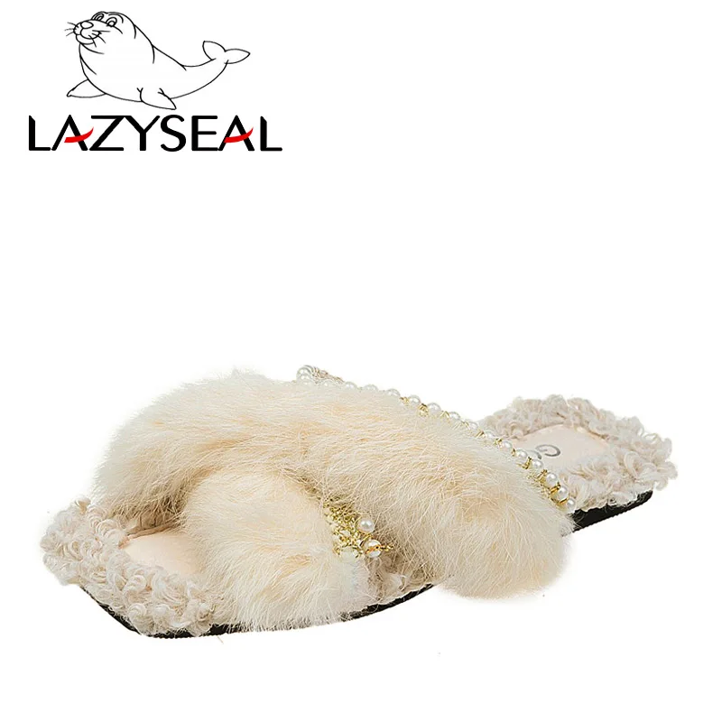 LazySeal String Bead pantofole pelose donna vera pelliccia di Pabbit infradito donna cursori scivoli di perle pantofole con suola piatta scarpe di