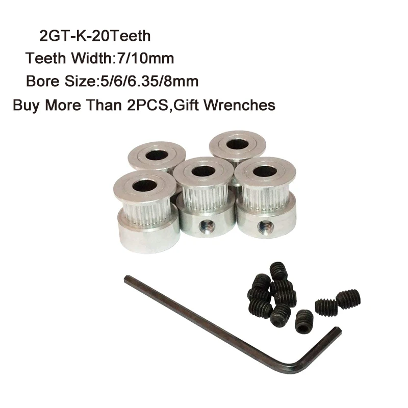 GT2 Timing Belt Pulley 2GT-K 20Teeth 5/6/6.35/8mm Bore 7/10mm Teeth Width Synchronou Wheel Fit GT2 Belt 3D Printer Accessories