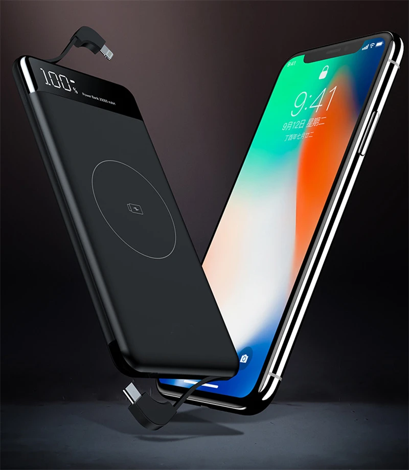 Qi Wireless Charger Slim Power Bank for iPhone Samsung Powerbank Portable Charger External Battery Pack Built in Cable 10000mAh