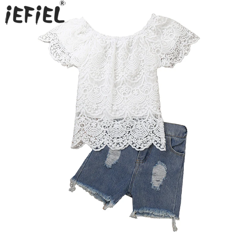 

Kids Girls Clothes Set New Kids Clothes Suit Off Shoulder Ruffle Lace Tops+Denim Shorts Fashion Children Clothing Sets 1-4Years