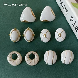 French Vintage Creamy White Oval Enamel Earrings Geometric Round Hollow Triangle Stud Jewelry HUANZHI 2021 Winter New Trendy
