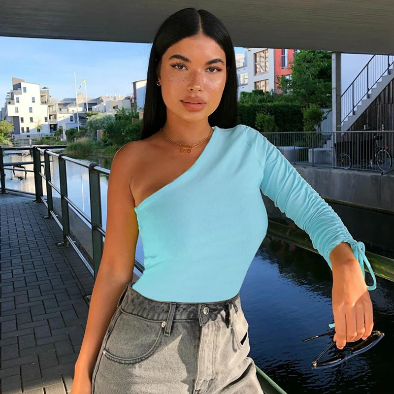 

Casual One Shoulder Women Top Spring Long Sleeve T-shirt Female Tops Sexy Slim Solid Ladies Tops Shirts Clothing Women