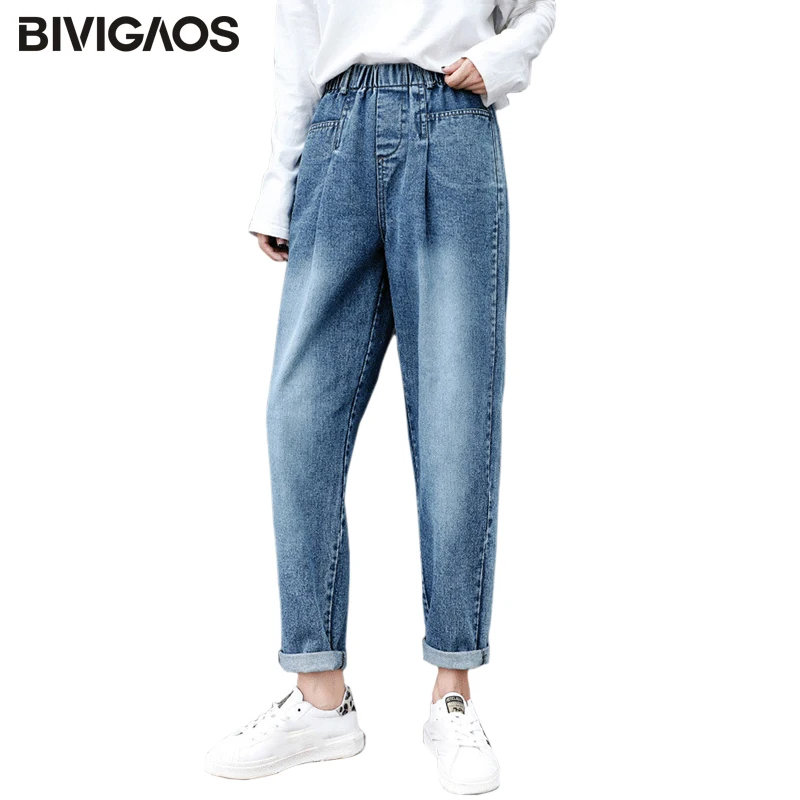 

BIVIGAOS 2019 Autumn New Straight Pocket Denim Pants Cropped Jeans Tousers Loose Casual Elastic Waist Boyfriend Jeans For Women