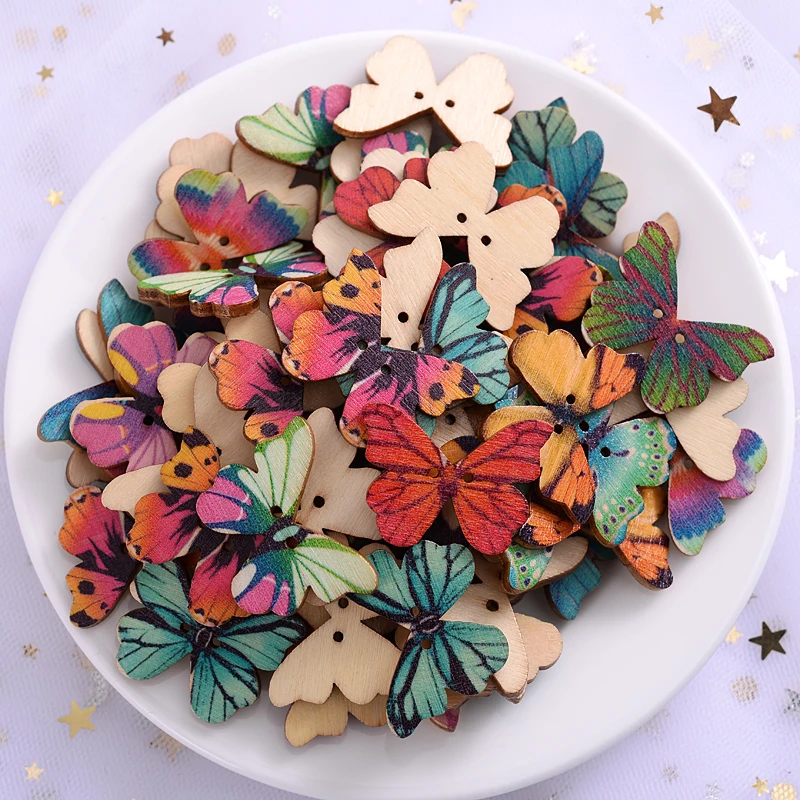 50Pcs/Pack 2 Holes Colorful Butterfly Shape Wooden Buttons Suitable For Sewing Scrapbooking Buttons DIY Craft Accessories