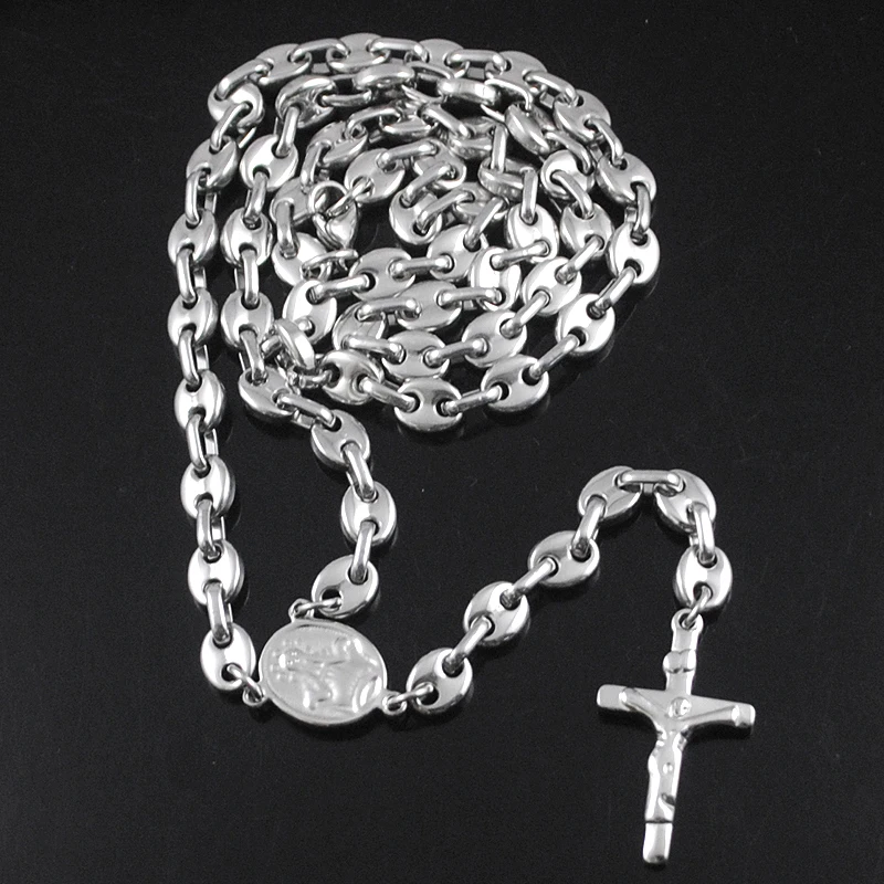 AMUMIU New arrivals, Fashion Stainless Steel Rosary Cross Necklace Bead Chain Men Jewelry Long 6mm KN095