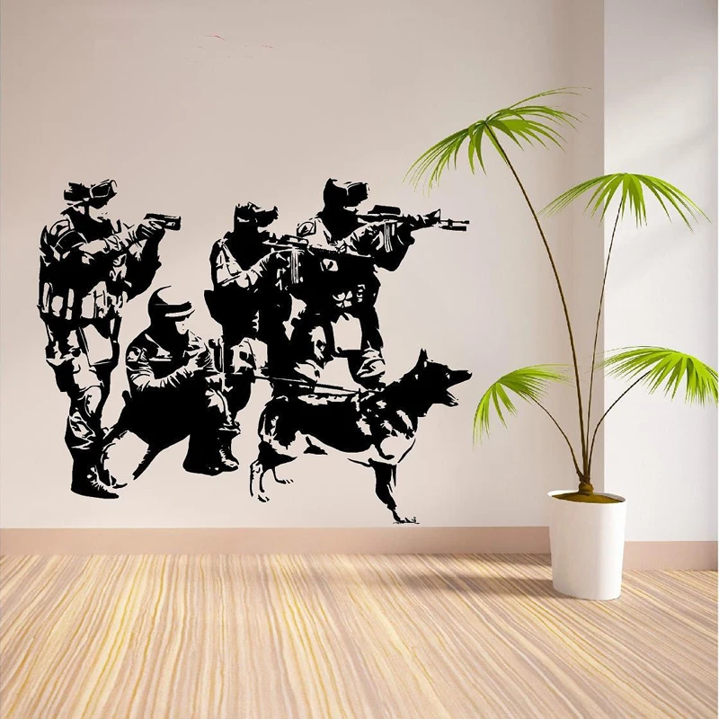 Police Swat Wall Sticker Military Dog Soldiers Decal Commando Kids Boys Bedroom Wall Decoration Creative Living Room Decor