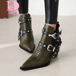 DoraTasia Plus Size 34-50 New Ladies Chunky High Heels Ankle Boots Pointed Toe Buckle Rivet Boots Women Party Ol Woman shoes