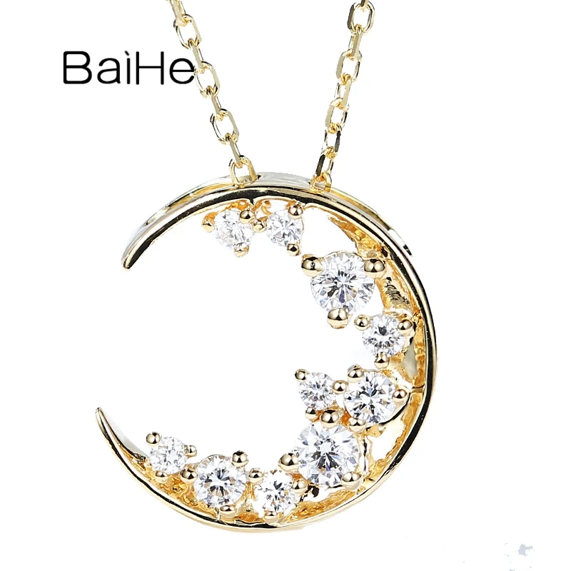 

BAIHE Solid 18K White/Yellow/Rose Gold 0.26ct H/SI Natural Diamond Moon Necklace Clavicle Chain Women Fine Jewelry Collar Luna