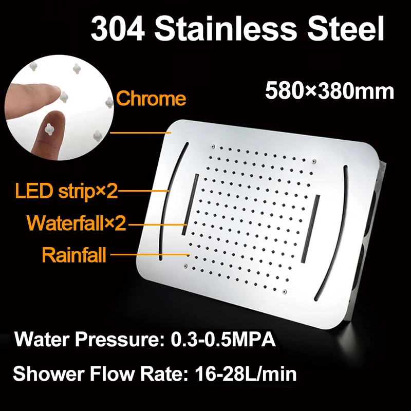 Imagem -04 - Sistema de Chuveiro de Chuva Luxo Teto Cachoeira Showerhead 22.8 x 14.9 Led Chuveiro Painel do Banheiro Torneiras Termostato Válvula