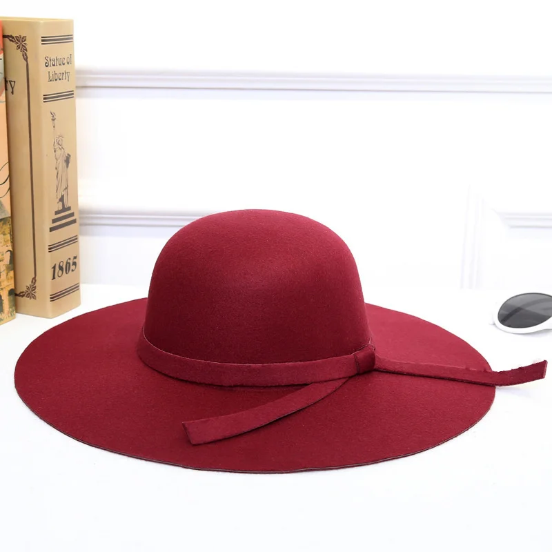 Bowknot Top Hat Ladies Big Brim Fashion Dome New Imitation Woolen Fedora Autumn Winter Warm Hat