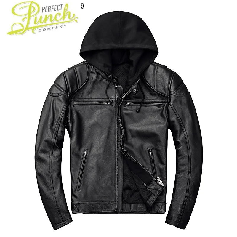 

Leather Genuine Jacket Men Hooded Spring Autumn Motorcycle Real Cow Leather Coat Plus Size Cowhide Jackets KJ2208