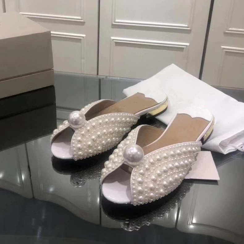 

Beige Pearl Women Flat Slippers Summer Peep Toe Sandals Female Handmade Flats Mules Slip On Outside Slides Sandalias Mujer