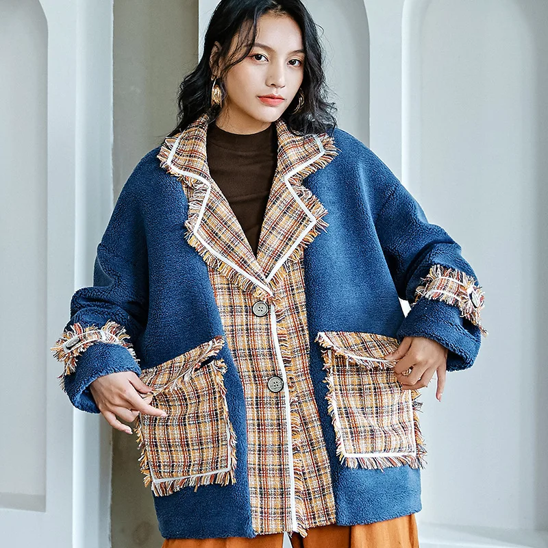 

Winter Women High Quality faux lambswool Fur OverCoats Luxury short casual Thick Warm Plus Size female cloth 2019 blue tweed