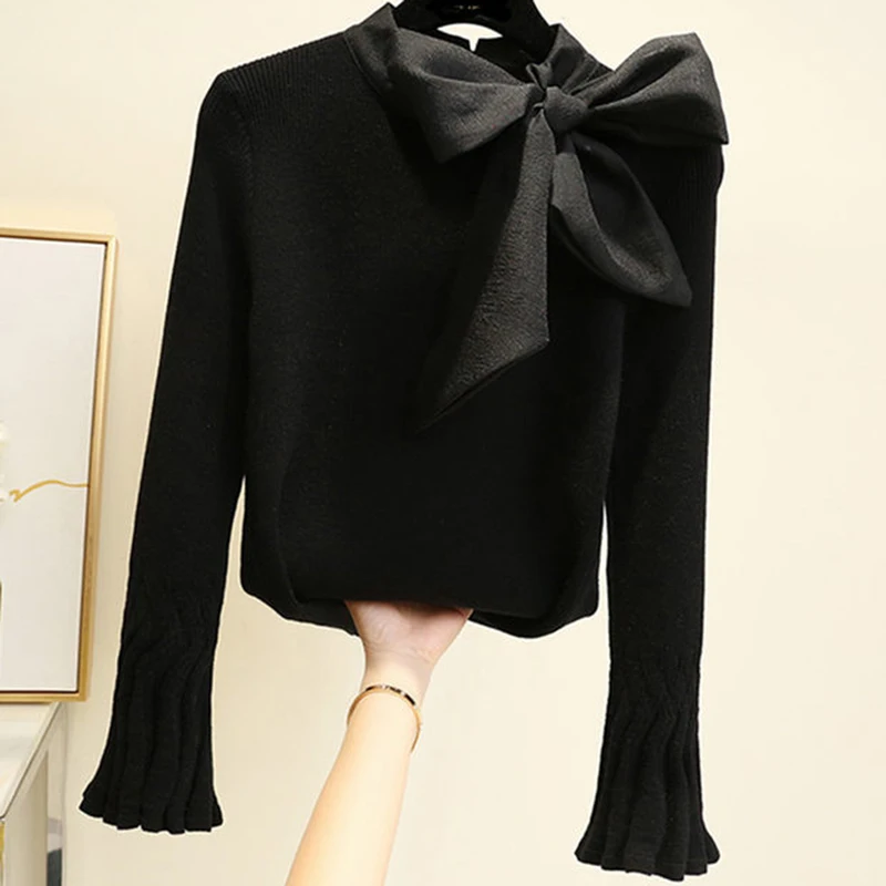 LJSXLS 2023 Autumn Winter Korean Fashion Women Clothes White Slim Knitted Sweater Elegant Bow Pullover Flare Sleeve Tops Female