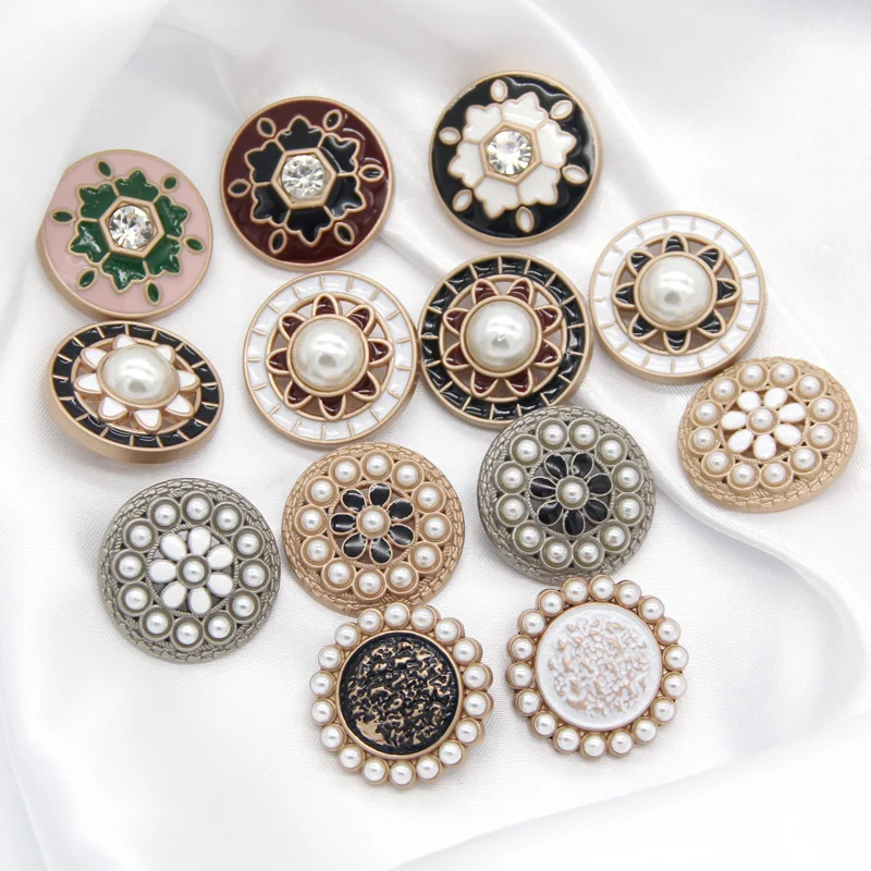 4pcs Round Diamond Pearl Gold Metal Buttons For Clothing Women Sweater Vintage Decorative Coat Buttons Sewing Accessories