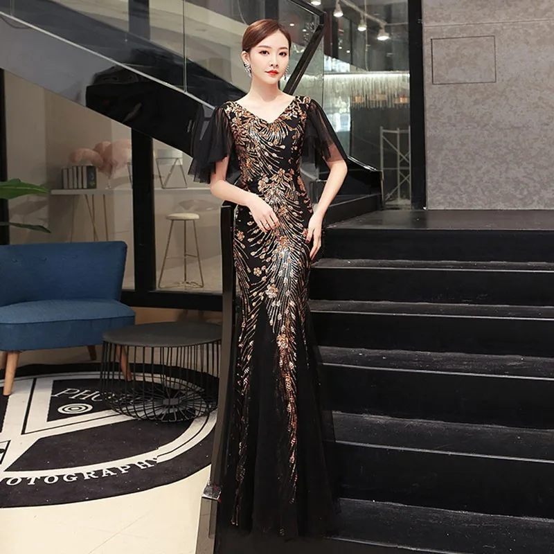 

Floral Pleated Mermaid Cheongsam Perspective Butterfly Sleeve Sexy V-Neck Qipao Grace Autumn-Winter Evening Party Dress Gown