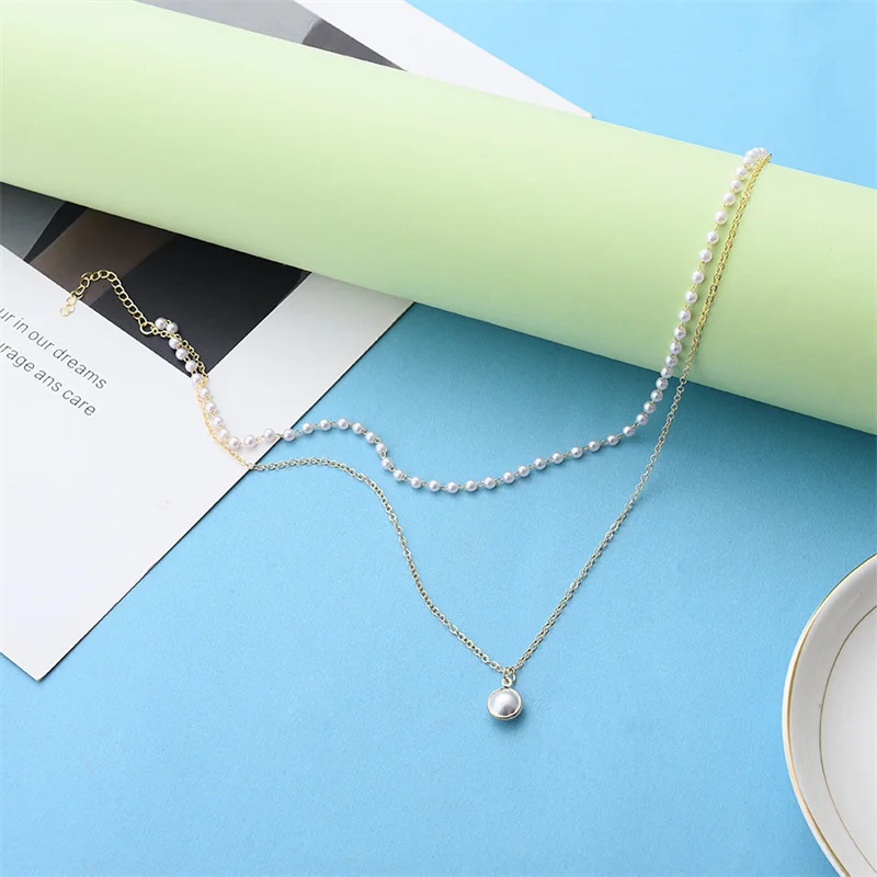 Doppel-schichten Imitation Perle Halsketten für Frauen Runde Perle Anhänger Halskette Koreanische Mode Charme Hals Zubehör Collares – Detail 9