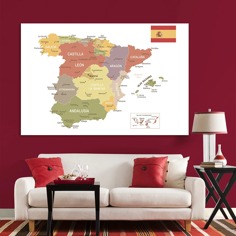 Grande affiche murale de la carte de l'espagne en espagnol, toile Non tissée, 225x150 cm, décoration de bureau, de maison, fournitures scolaires pour enfants