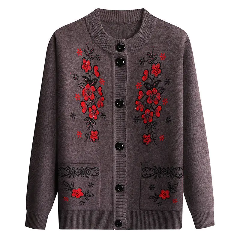 2024 New Autumn Winter Embroidery Flowers Sweater Coat Grandma Loose Long-sleeve Pocket Knitting Cardigan Women's Outwear Tops