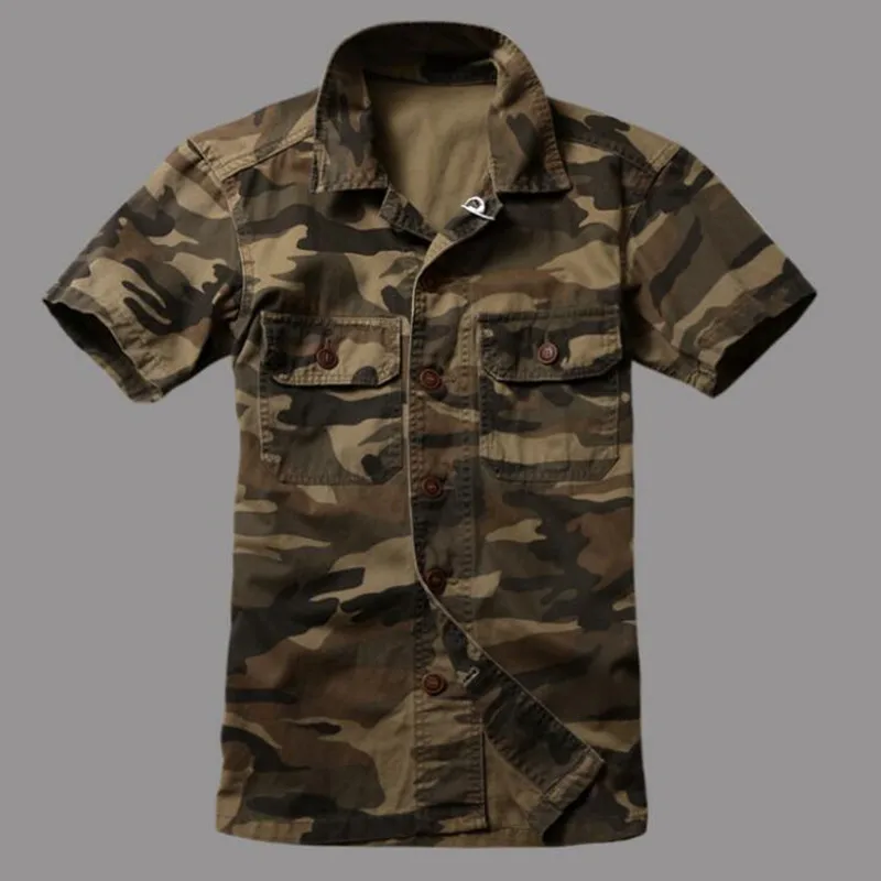 Men Military Camouflage Casual Shirt Short-Sleeved Cotton Cargo Uniform Loose Pockets Safari Army Tops