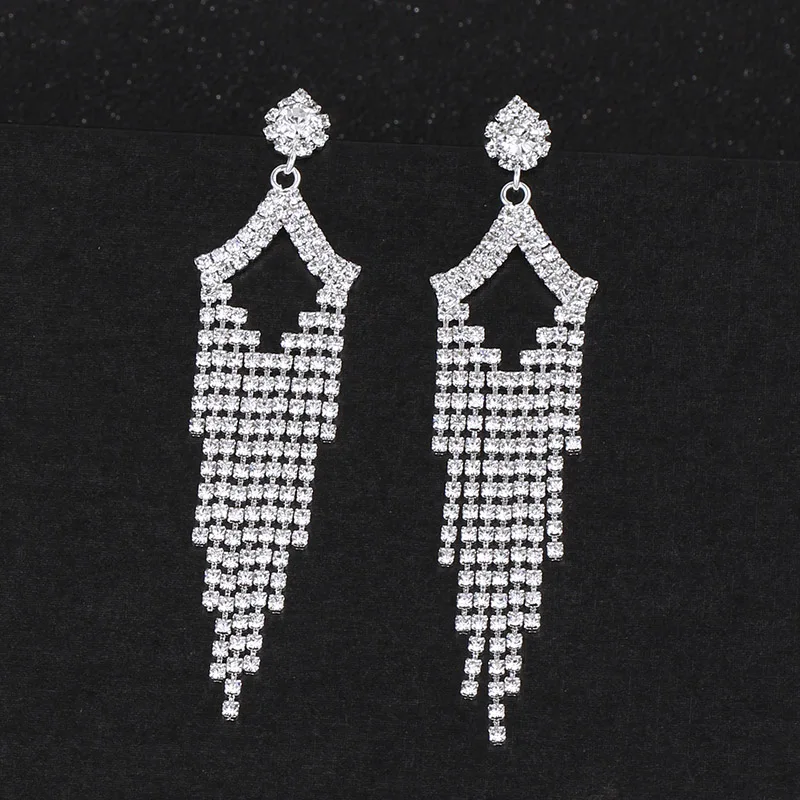 TREAZY Silver Color Rhinestone Crystal Drop Earrings Long Tassel Earring for Women Bridal Dangling Brincos Wedding Party Jewelry