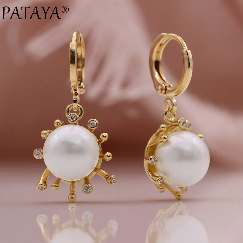 

PATAYA New Round White Shell Pearl Long Earrings 585 Rose Gold Color Natural Zircon Dangle Earrings Wedding Fine Fashion Jewelry