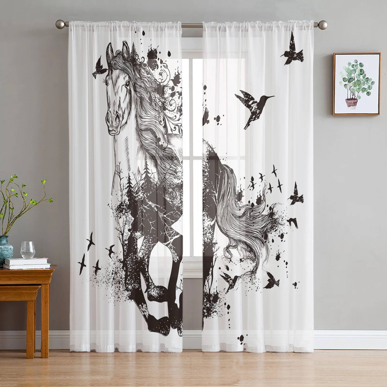 Galloping Horse Sheer Curtains for Bedroom Living Room Voile Window Curtains Tulle Curtains for Kids Room