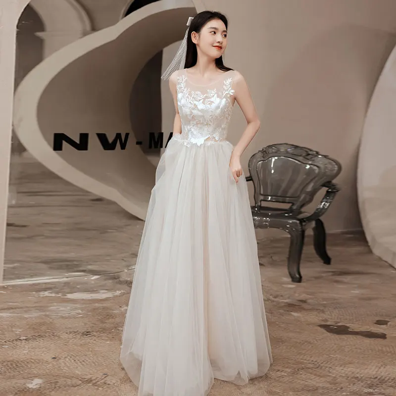 AE0040 Phong Cách Mới Ren Appliques Cổ Tròn Váy Áo Платья Cô Dâu Váy Áo Dây De Mariée Đầm Vestido De Noiva Chữ A Tầng Chiều Dài