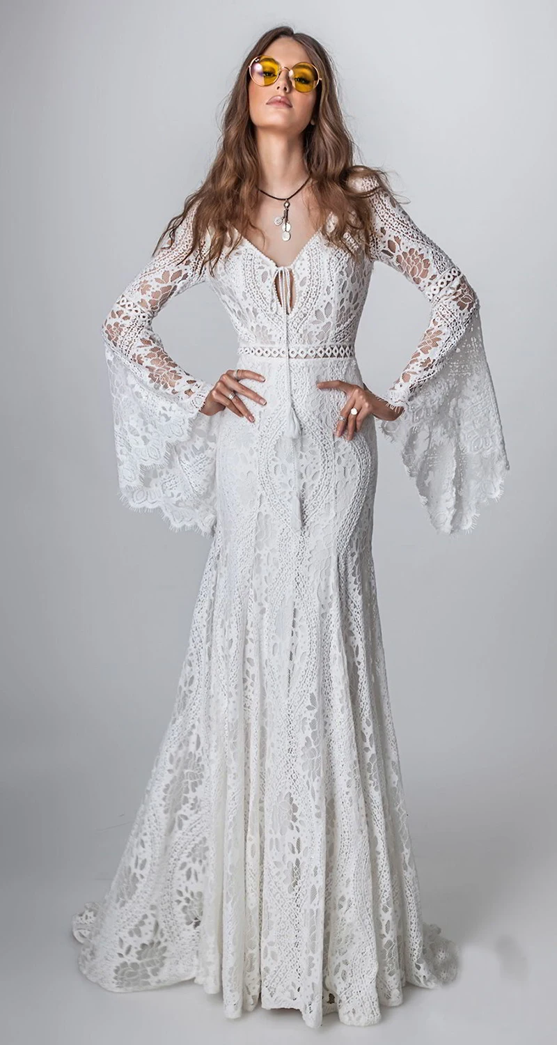 Disesuaikan vestido de noiva gipsi pantai Boho gaun pernikahan V leher bel lengan belakang berongga renda gaun pengantin Gown Gown