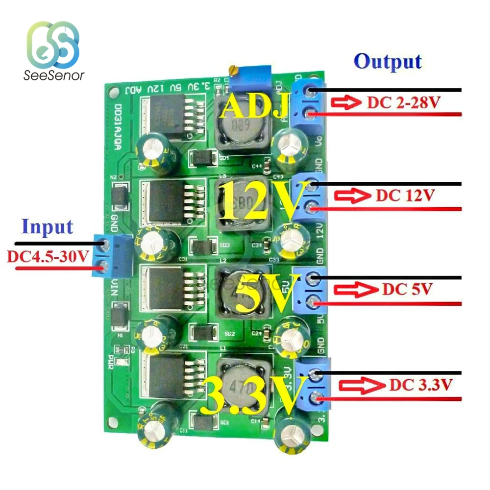 3A 4 Channels Multiple Switching Power Supply Module 3.3V 5V 12V Adjustable Output DC DC Step-Down Buck Converter Board