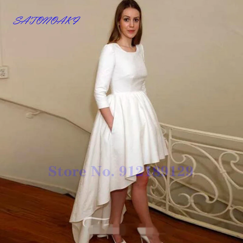 Vestidos De Novia wysokie niskie skromne krótkie suknie ślubne z 3/4 rękawy kieszenie Jewel Neck Vintage nieformalne suknie ślubne francja